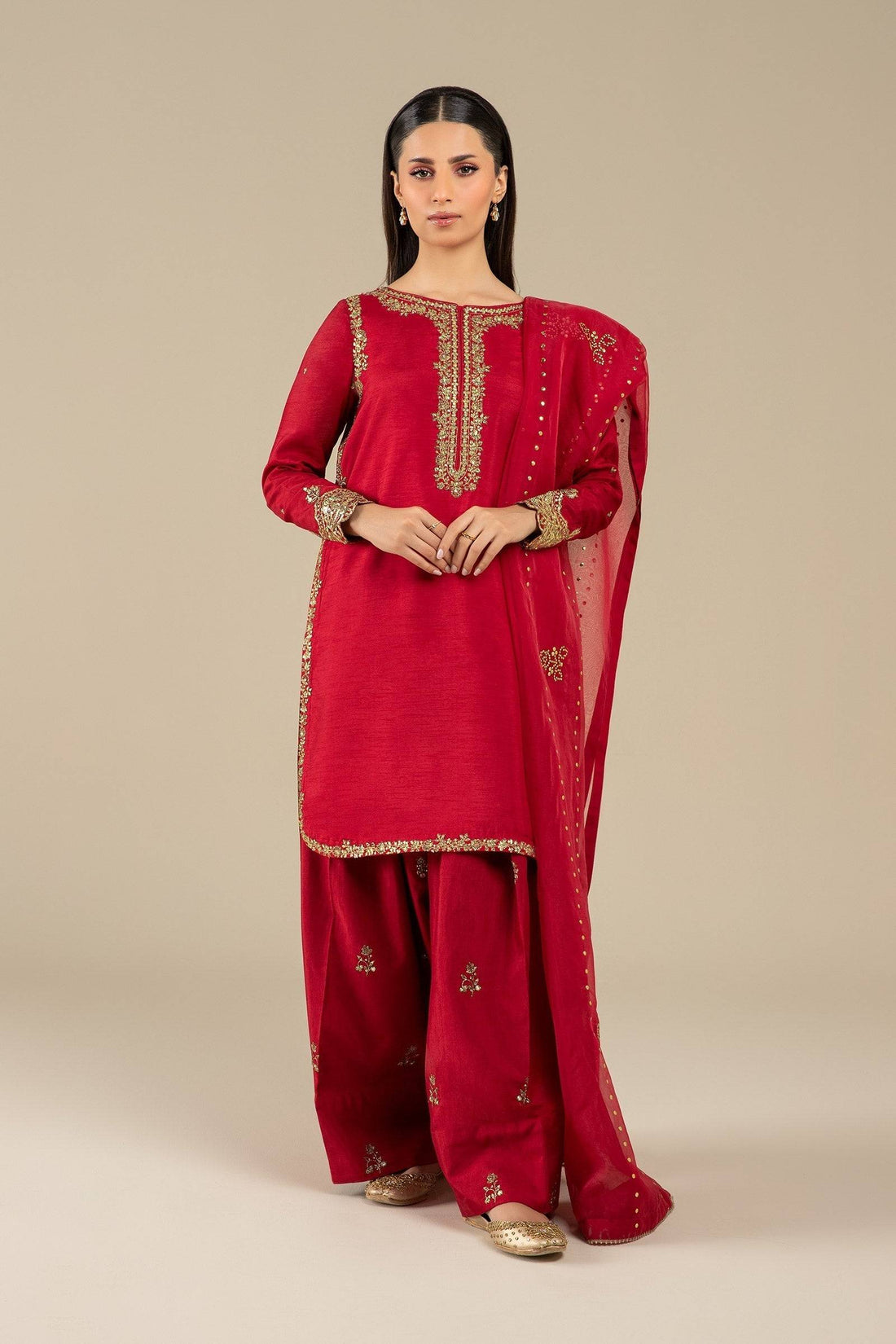 Maria B | Basics RTW | 3 Pc Embroidered Raw Silk Suit | MB-FS25-32 - Pakistani Designer Dress - by Maria B | Type: Ladies Clothes - 100% Original at Saira Sultan
