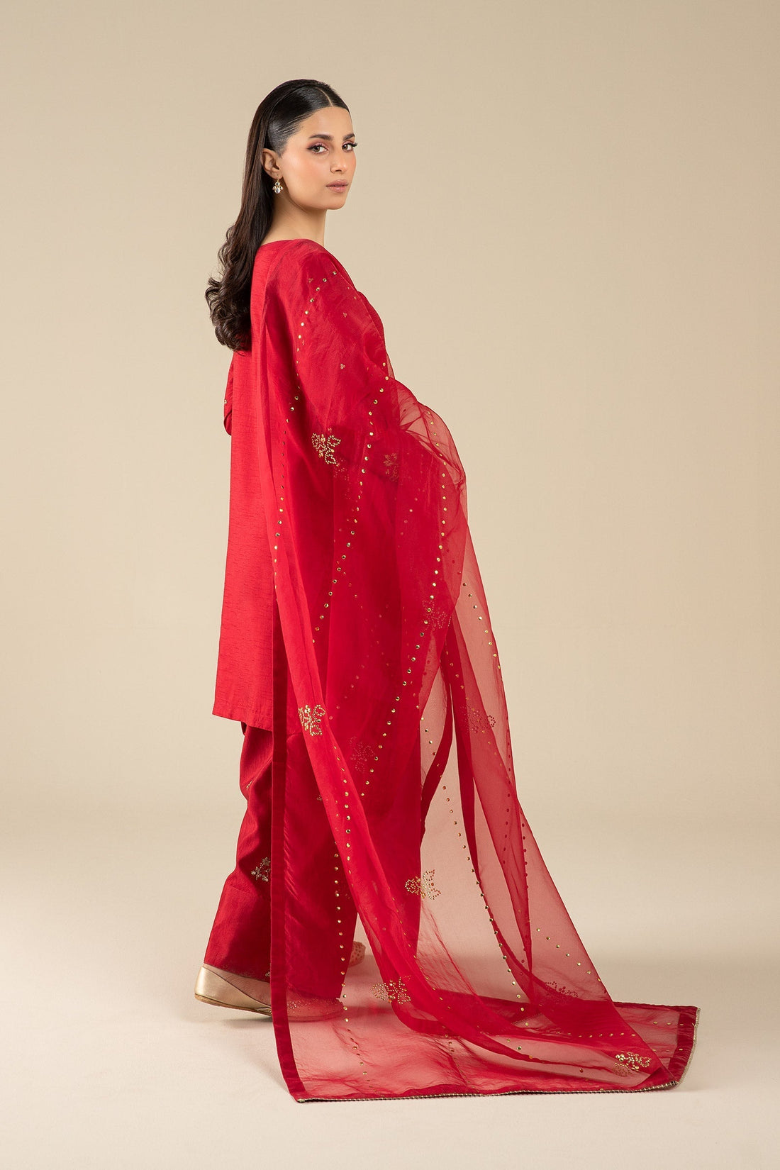 Maria B | Basics RTW | 3 Pc Embroidered Raw Silk Suit | MB-FS25-32 XS Red Silk