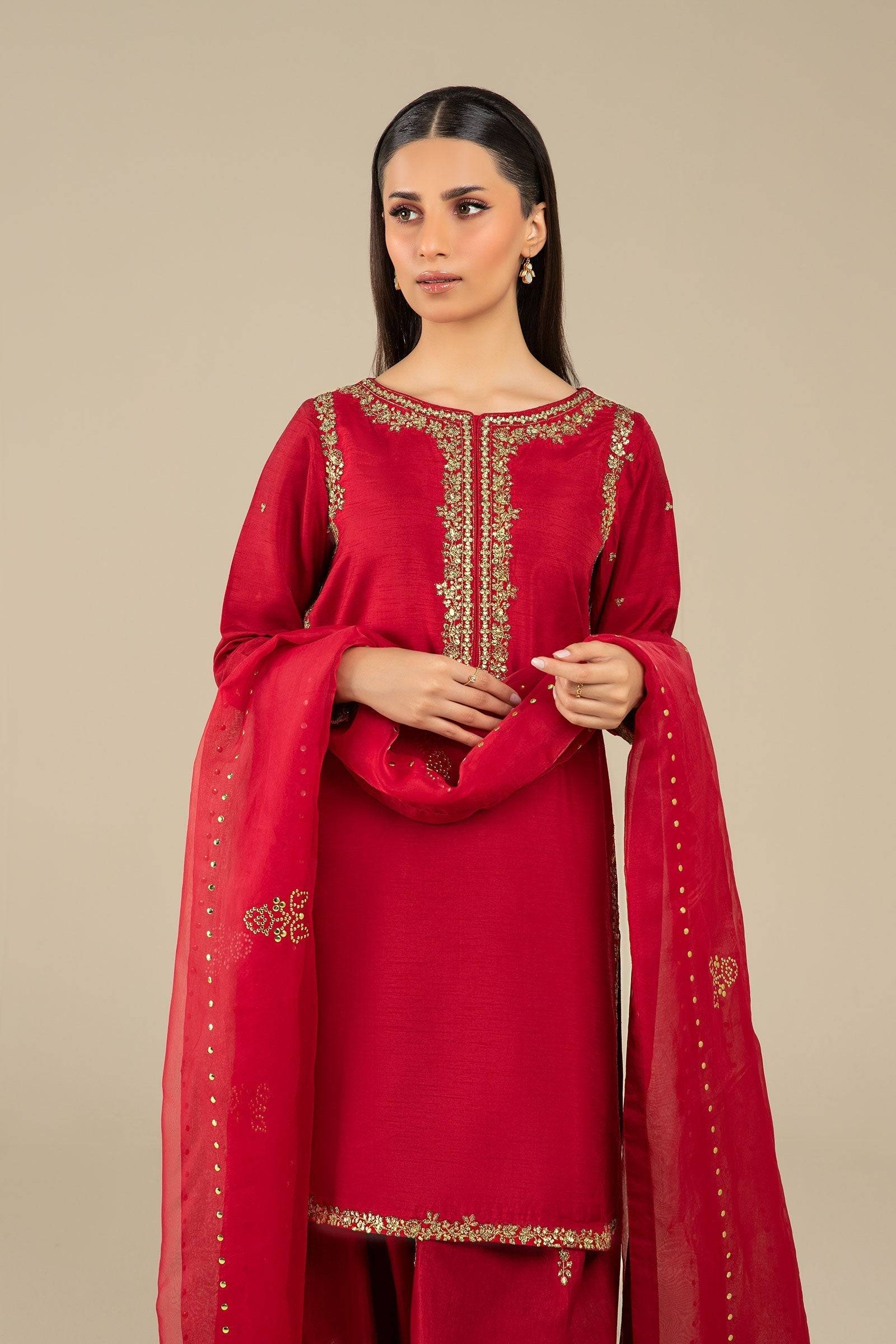 Maria B | Basics RTW | 3 Pc Embroidered Raw Silk Suit | MB-FS25-32 - Pakistani Designer Dress - by Maria B | Type: Ladies Clothes - 100% Original at Saira Sultan