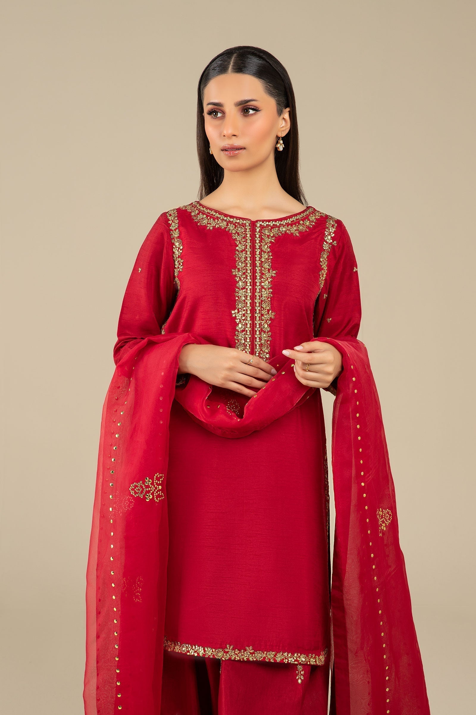 Maria B | Basics RTW | 3 Pc Embroidered Raw Silk Suit | MB-FS25-32 M Red Raw Silk
