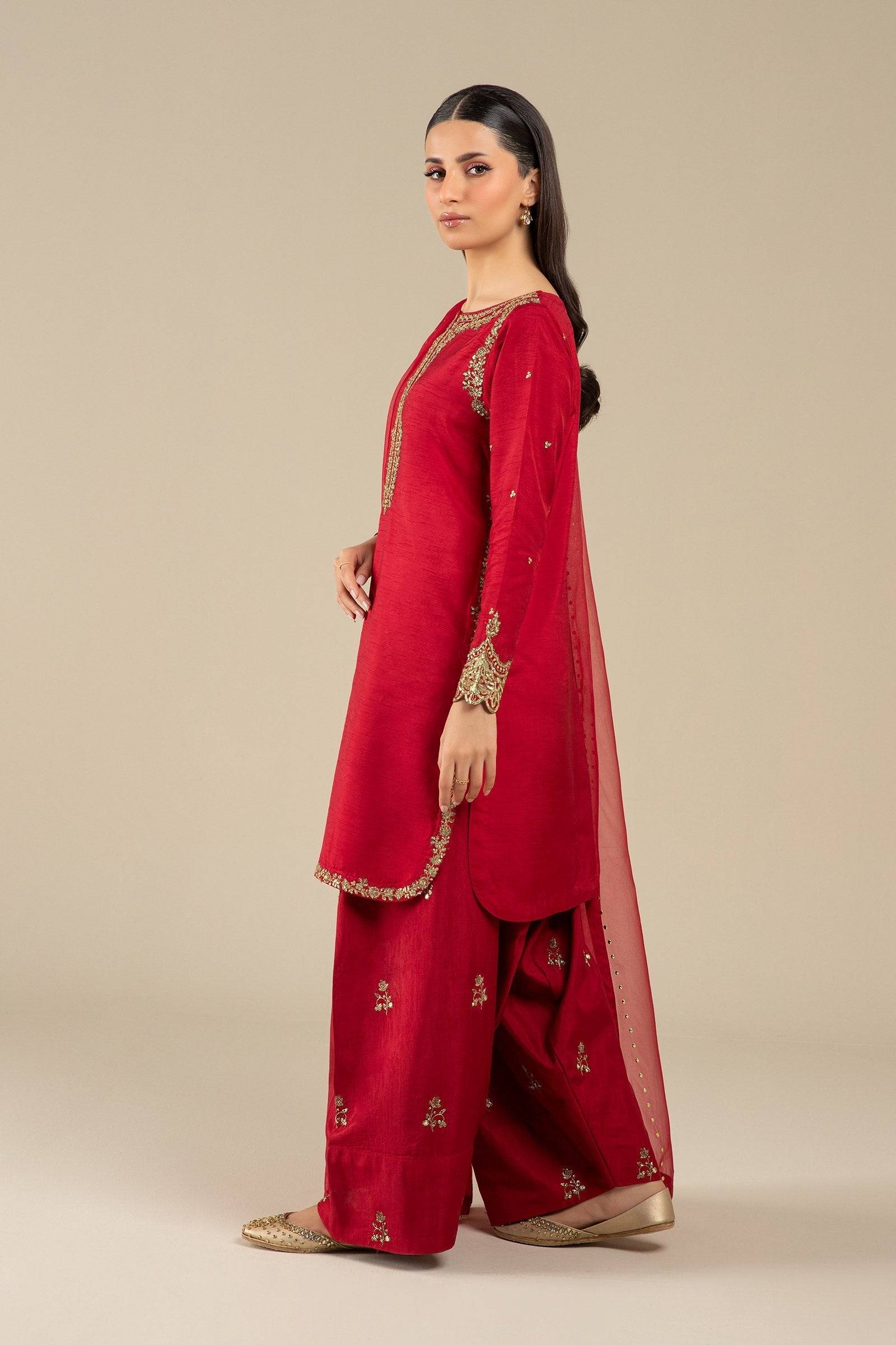 Maria B | Basics RTW | 3 Pc Embroidered Raw Silk Suit | MB-FS25-32 - Pakistani Designer Dress - by Maria B | Type: Ladies Clothes - 100% Original at Saira Sultan