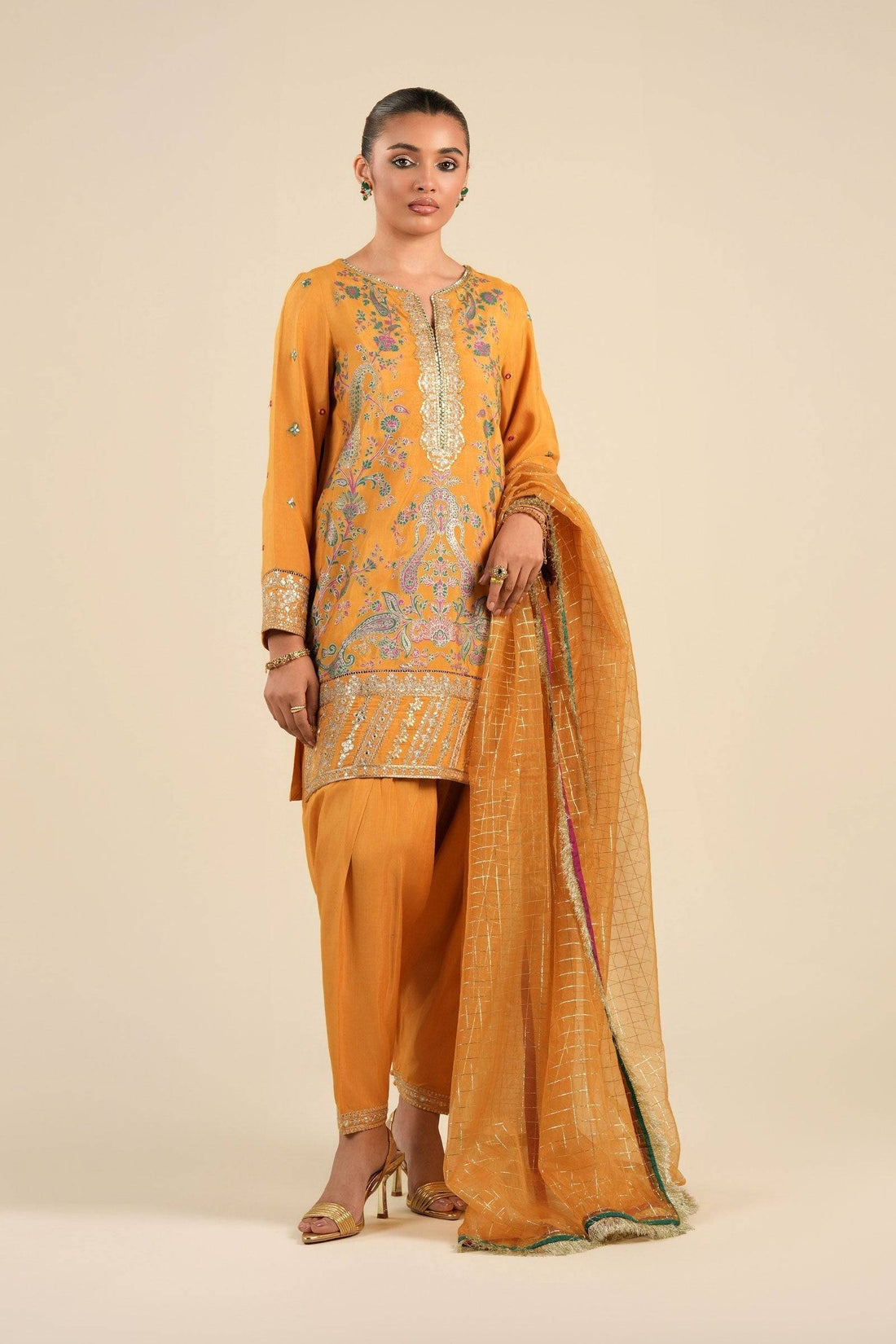 Maria B | Basics RTW | 3 Pc Embroidered Raw Silk Suit | MB-FS25-33 - Pakistani Designer Dress - by Maria B | Type: Ladies Clothes - 100% Original at Saira Sultan
