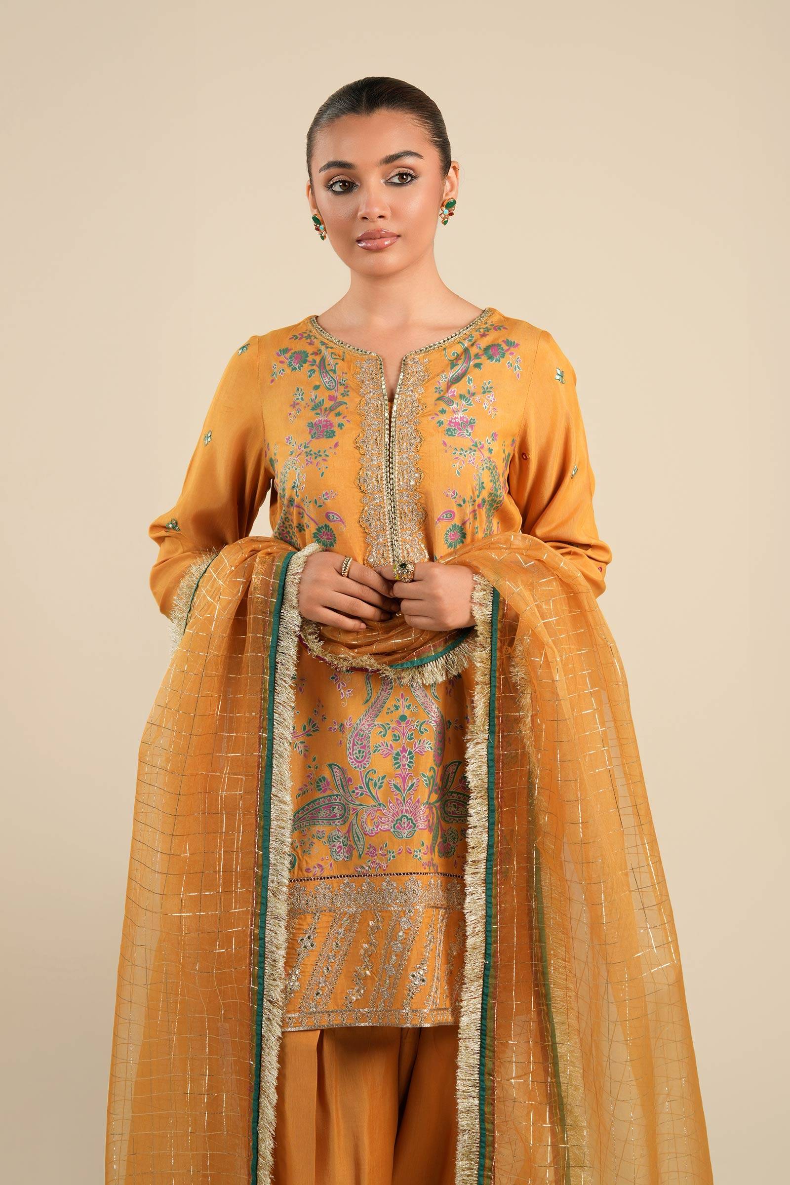 Maria B | Basics RTW | 3 Pc Embroidered Raw Silk Suit | MB-FS25-33 - Pakistani Designer Dress - by Maria B | Type: Ladies Clothes - 100% Original at Saira Sultan