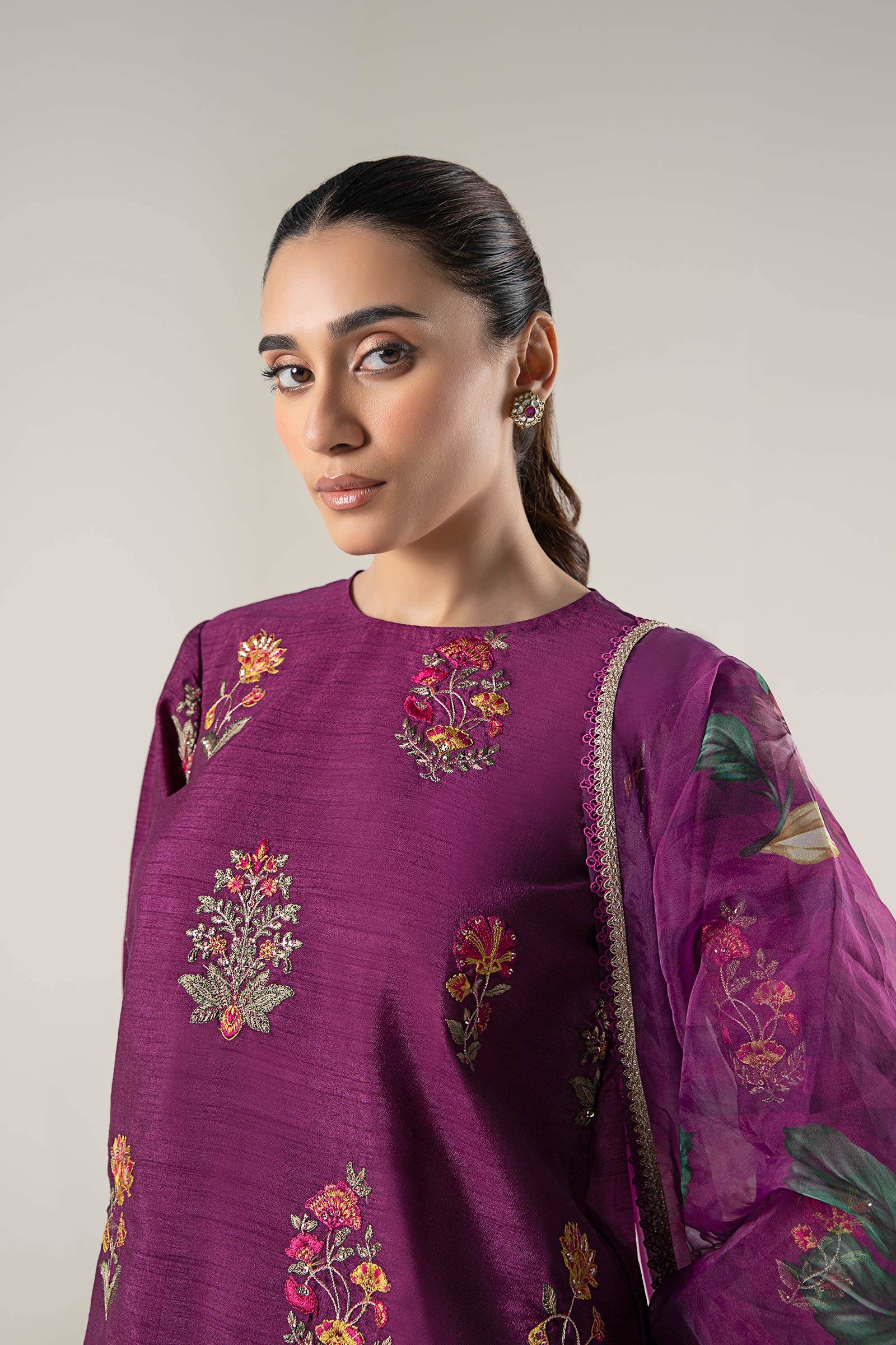 Maria B | Basics RTW | 3 Pc Embroidered Raw Silk Suit | MB-WF24-47 - Pakistani Designer Dress - by Maria B | Type: Ladies Clothes - 100% Original at Saira Sultan