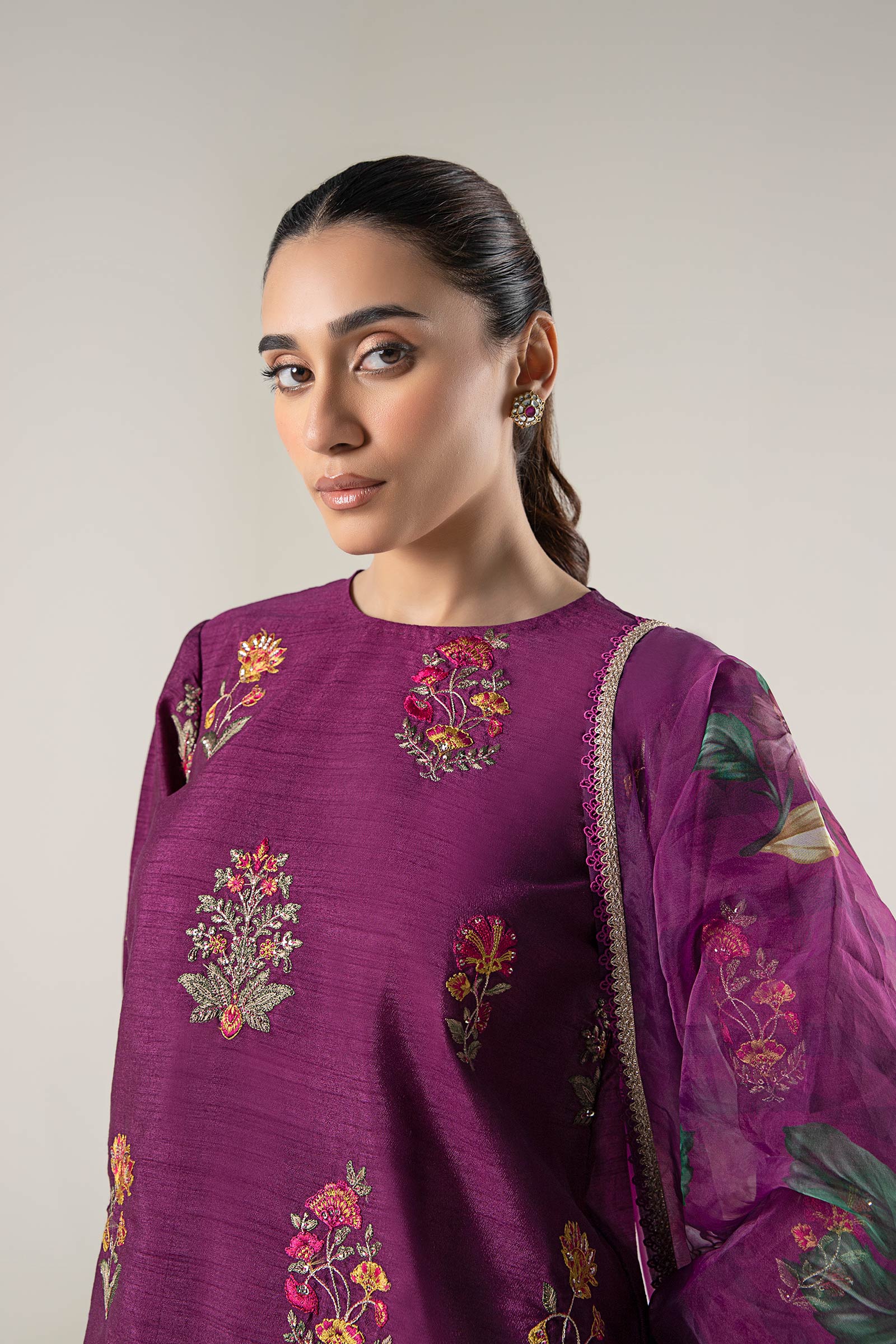 Maria B | Basics RTW | 3 Pc Embroidered Raw Silk Suit | MB-WF24-47 M Magenta Silk