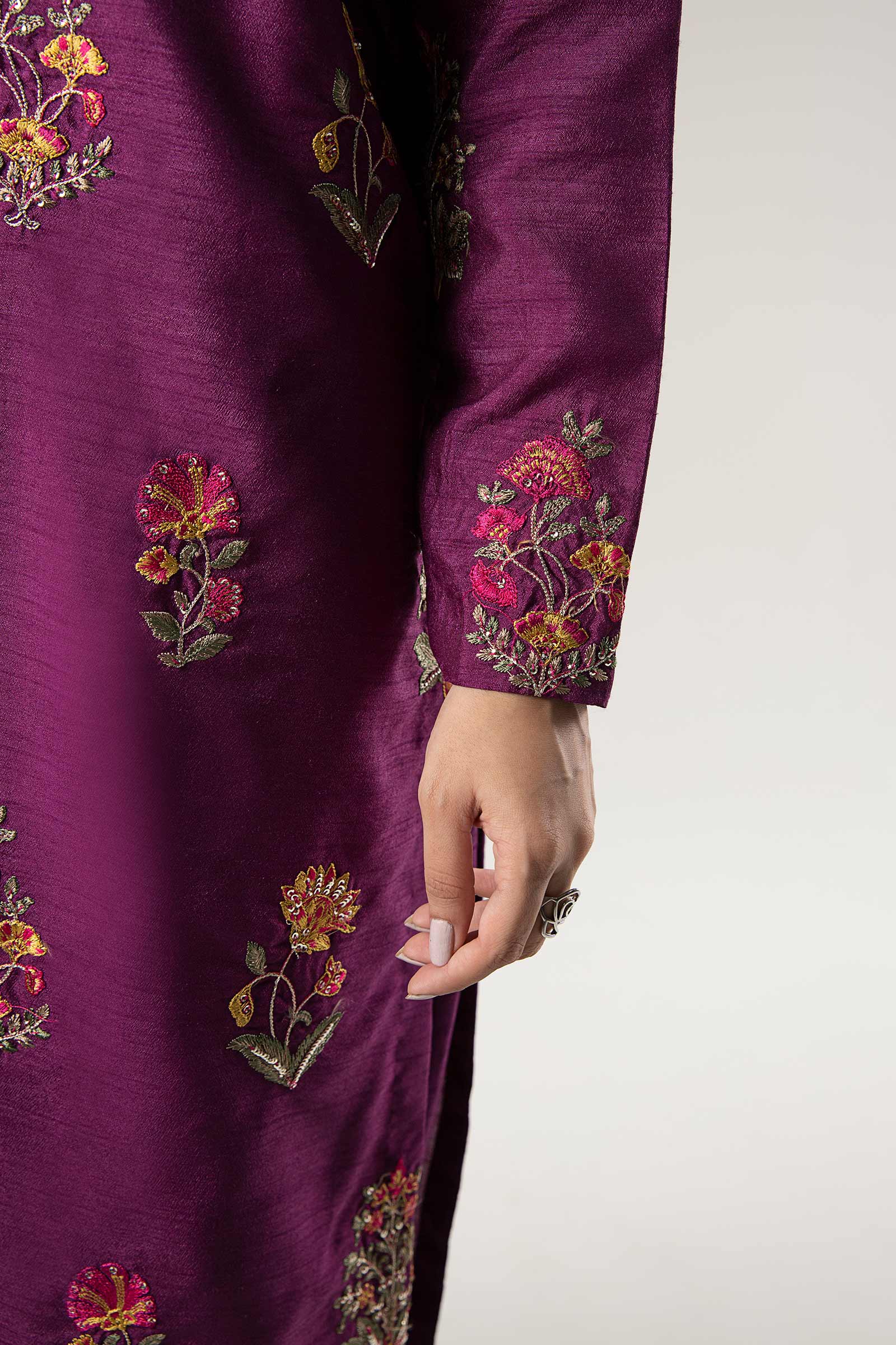 Maria B | Basics RTW | 3 Pc Embroidered Raw Silk Suit | MB-WF24-47 L Magenta Silk