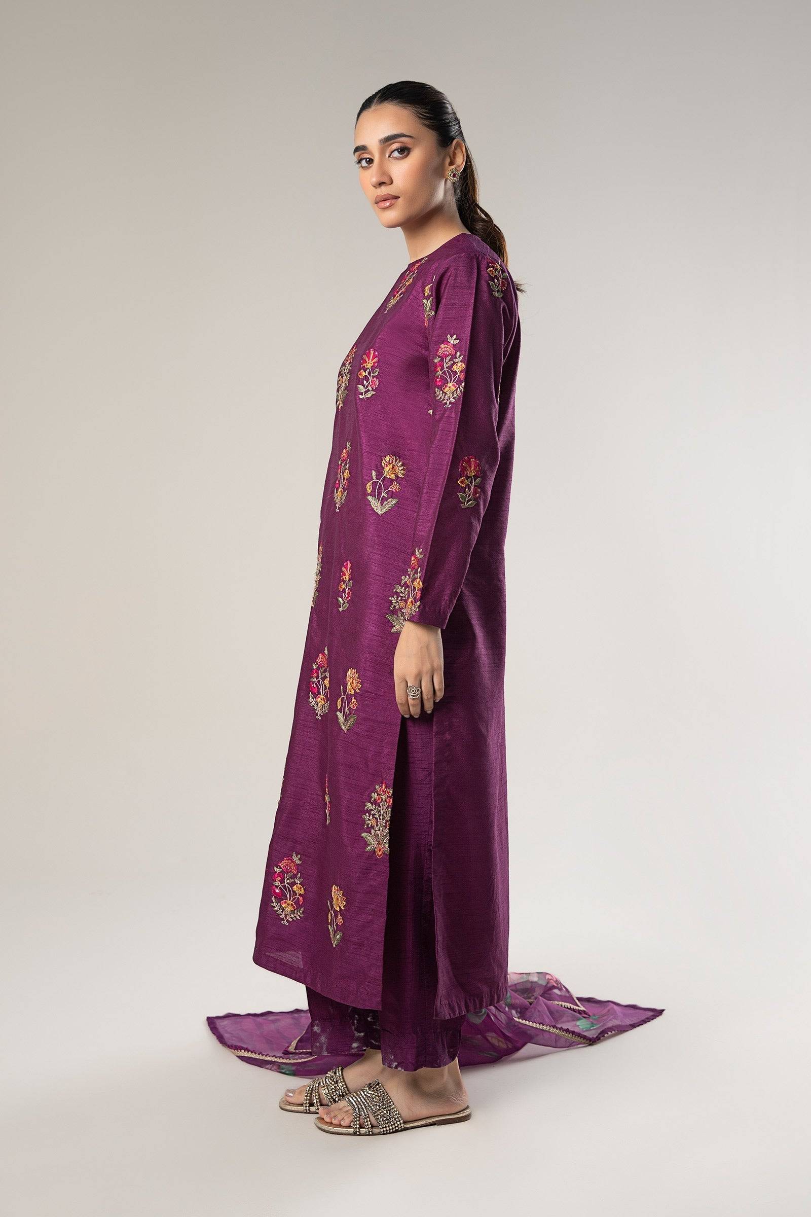 Maria B | Basics RTW | 3 Pc Embroidered Raw Silk Suit | MB-WF24-47 - Pakistani Designer Dress - by Maria B | Type: Ladies Clothes - 100% Original at Saira Sultan