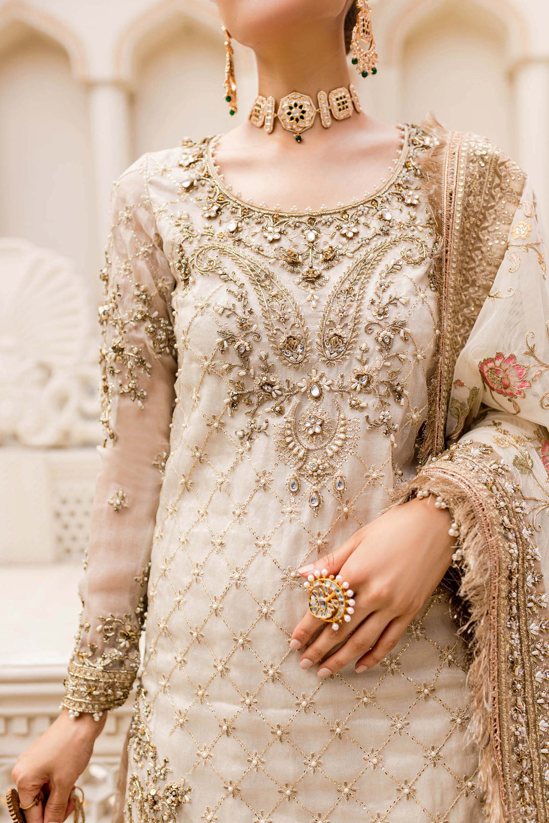 Maria B | Bridal Couture | Ivory Gold MC-906 - Pakistani Designer Dress - by Maria B | Type: Ladies Clothes - 100% Original at Saira Sultan