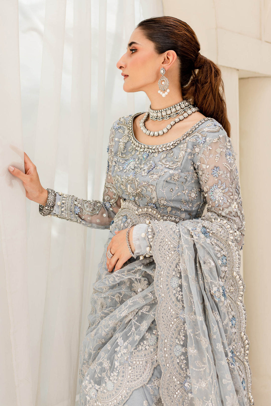 Maria B | Bridal Couture | Ice Blue MC-908 - Pakistani Designer Dress - by Maria B | Type: Ladies Clothes - 100% Original at Saira Sultan