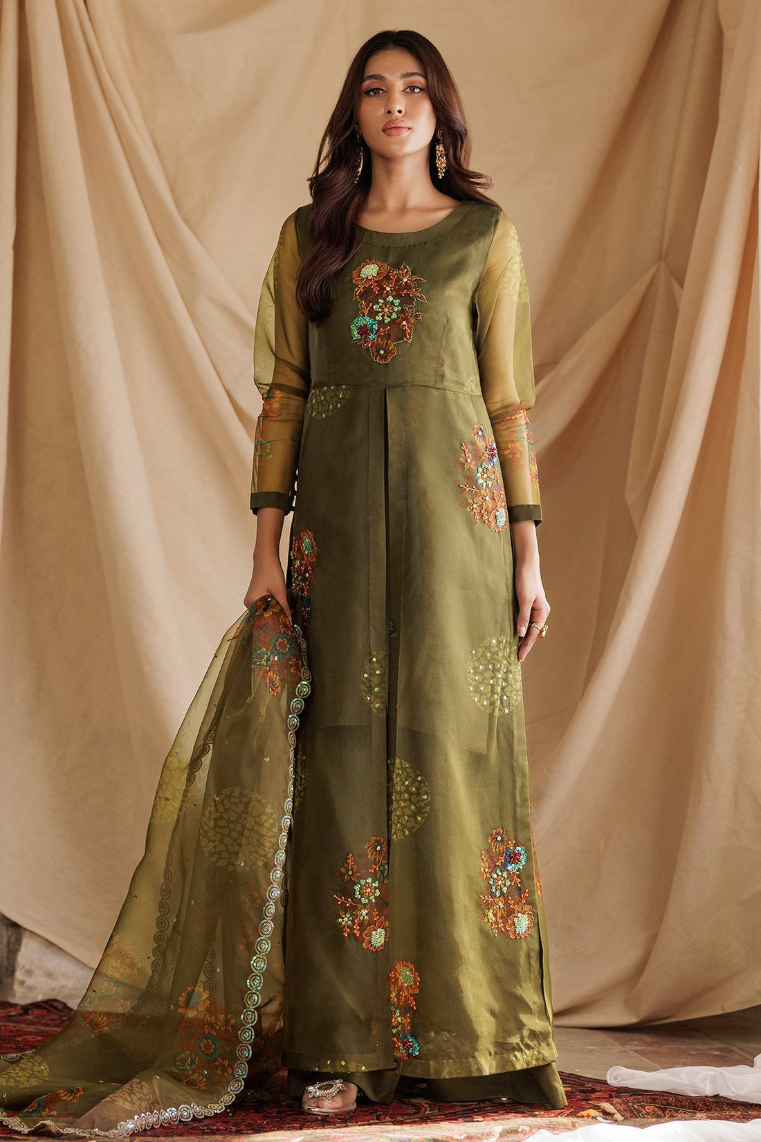 Charizma | Festive Pret | CMA-5-128 S Olive Green Organza