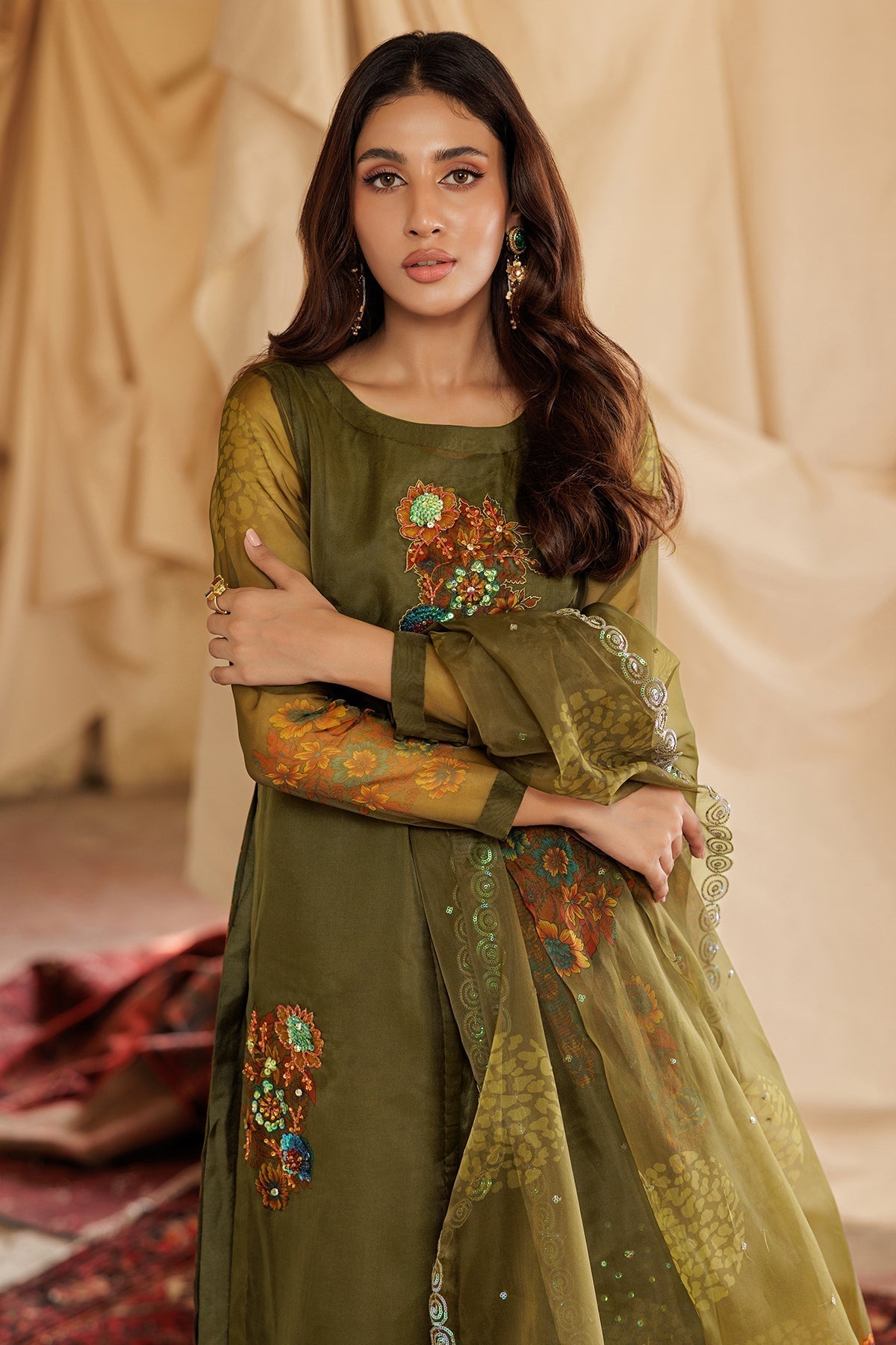 Charizma | Festive Pret | CMA-5-128 L Olive Green Organza