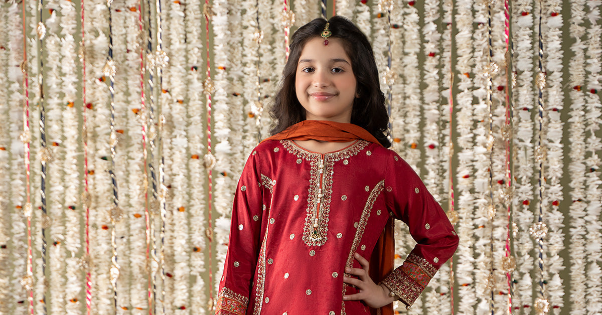 Maria B | 3 Piece Embroidered Raw Silk Suit | MKS-EF25-25 14-Dec Red