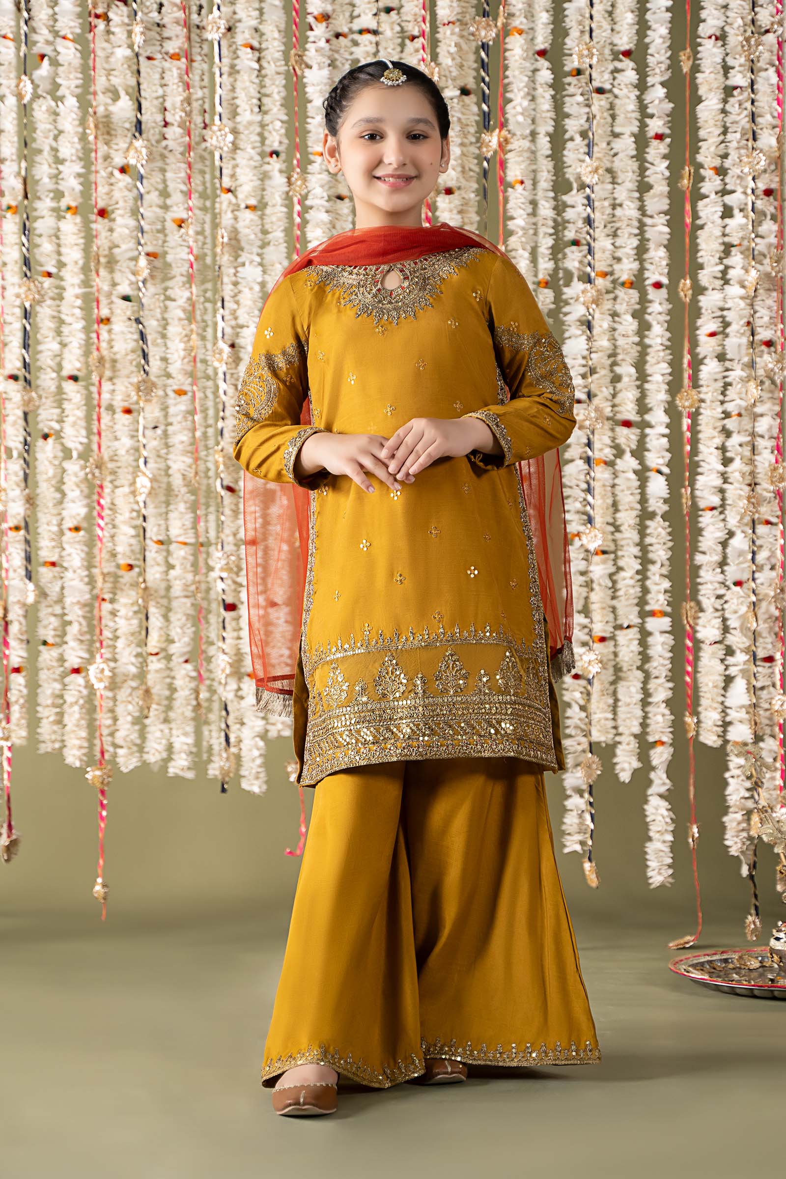 Maria B | 3 Piece Embroidered Raw Silk Suit | MKS-EF25-27 4-Feb Yellow