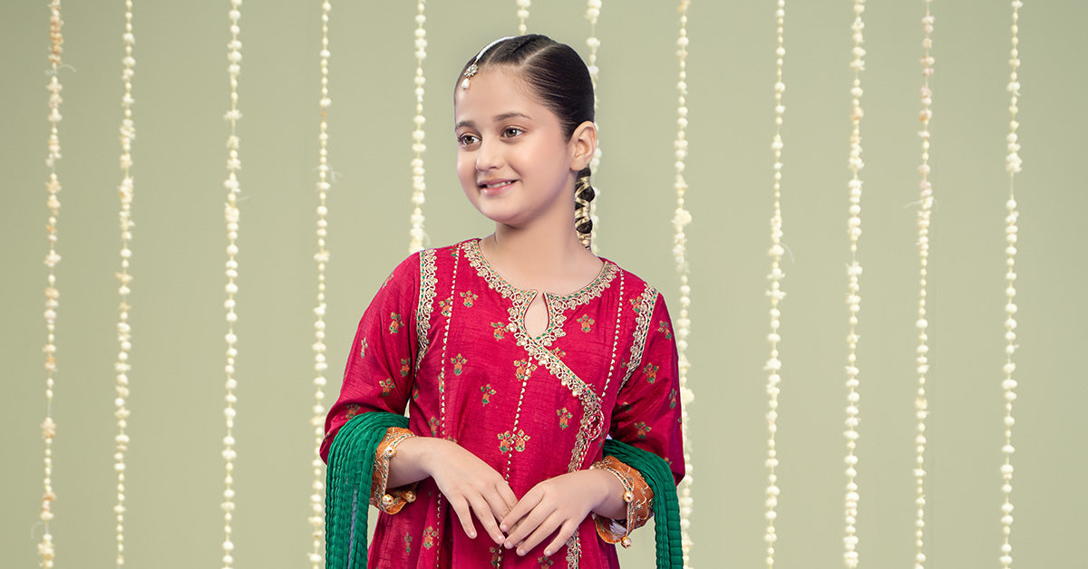 Maria B | 3 Piece Embroidered Raw Silk Suit | MKS-W24-10 14-Dec Maroon