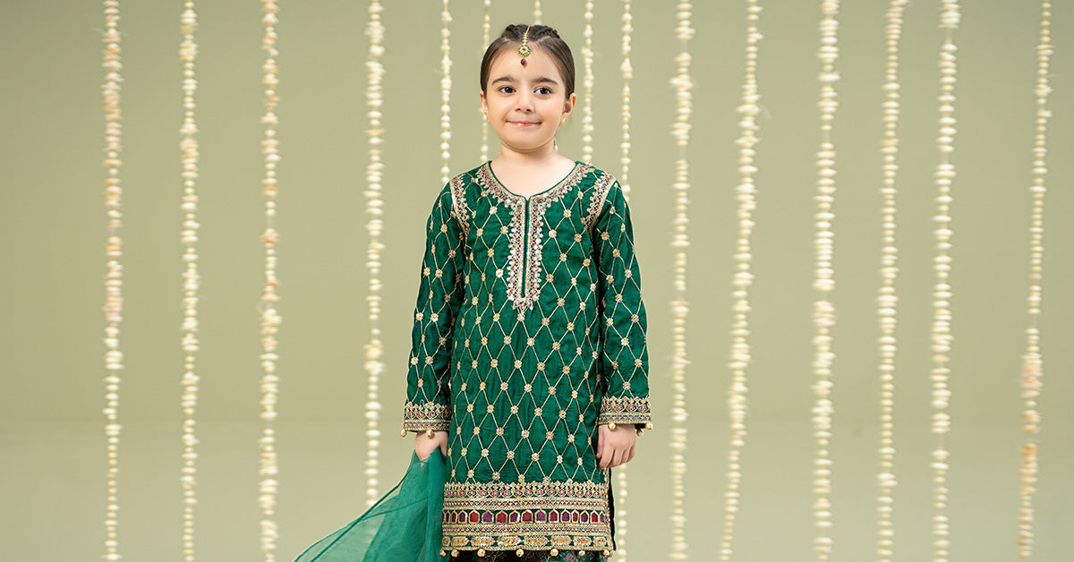 Maria B | 3 Piece Embroidered Raw Silk Suit | MKS-W24-28 14-Dec Green