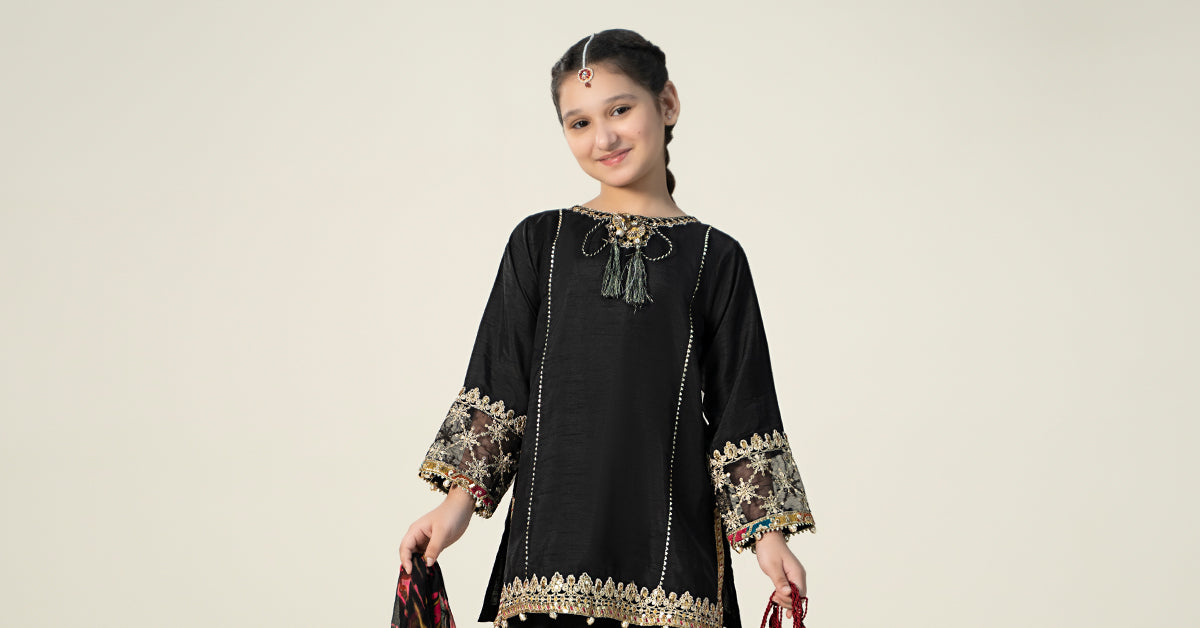 Maria B | 3 Piece Embroidered Raw Silk Suit | MKS-W24-31 12-Oct Black