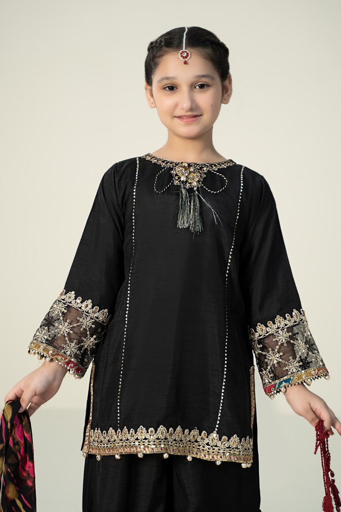 Maria B | 3 Piece Embroidered Raw Silk Suit | MKS-W24-31 4-Feb Black