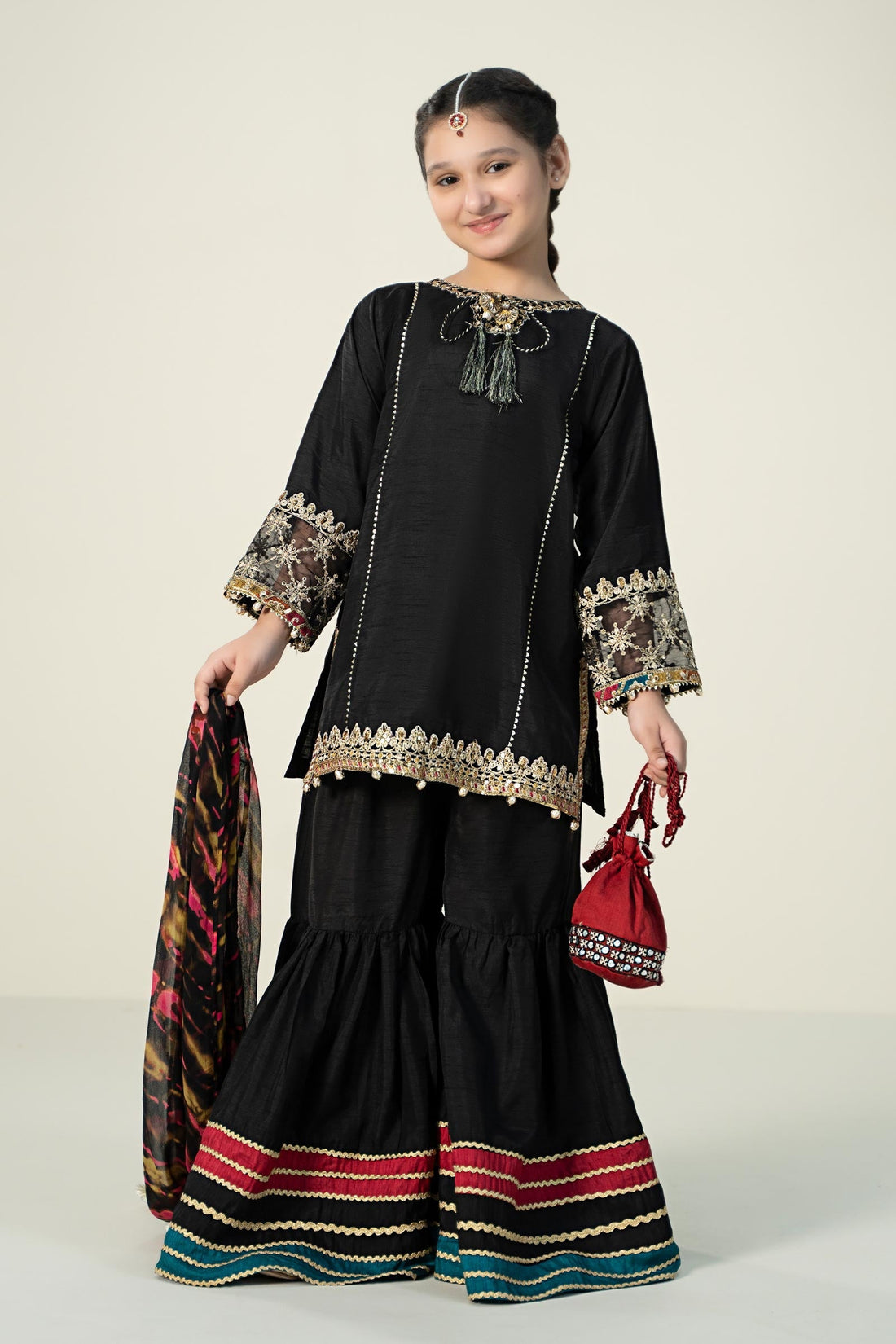 Maria B | 3 Piece Embroidered Raw Silk Suit | MKS-W24-31 4-Feb Black