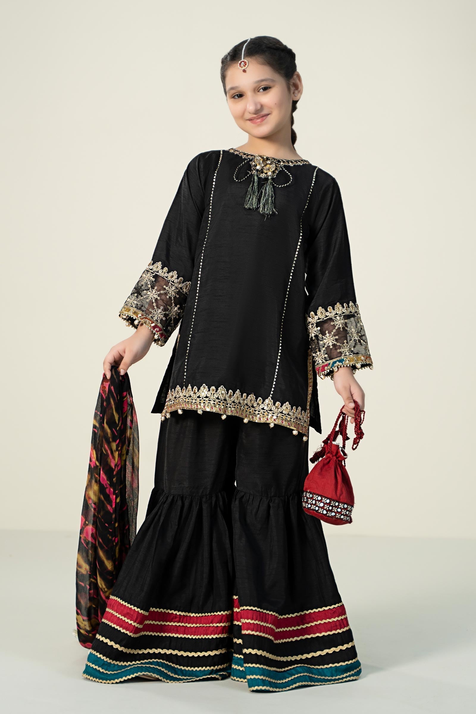 Maria B | 3 Piece Embroidered Raw Silk Suit | MKS-W24-31 4-Feb Black