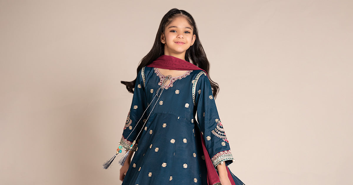 Maria B | 3 Piece Embroidered Raw Silk Suit | MKS-EF25-07 14-Dec Blue