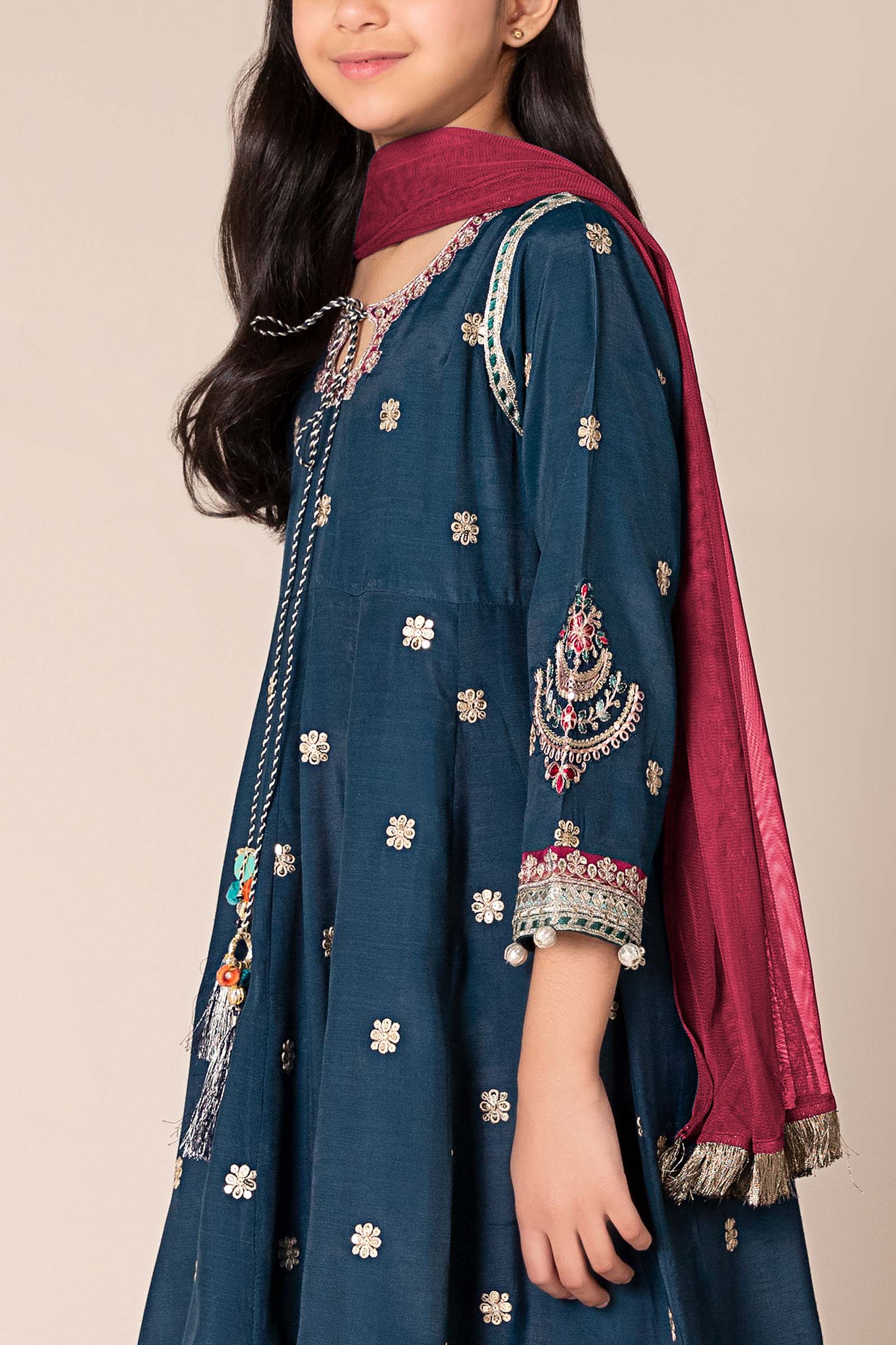 Maria B | 3 Piece Embroidered Raw Silk Suit | MKS-EF25-07 6-Apr Blue
