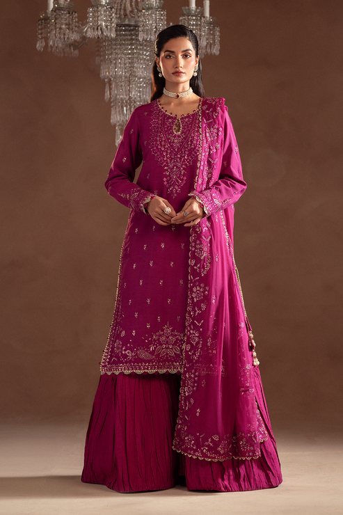 Emaan Adeel | Selene Formals | FIORA XS Magenta Korean Raw Silk