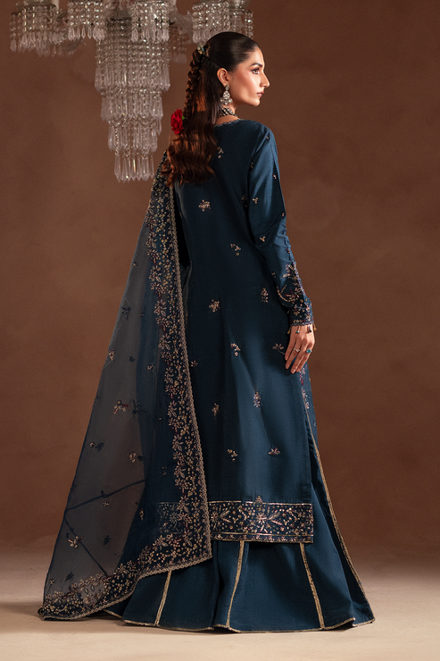 Emaan Adeel | Selene Formals | ELISIA XS Navy Blue Korean Raw Silk