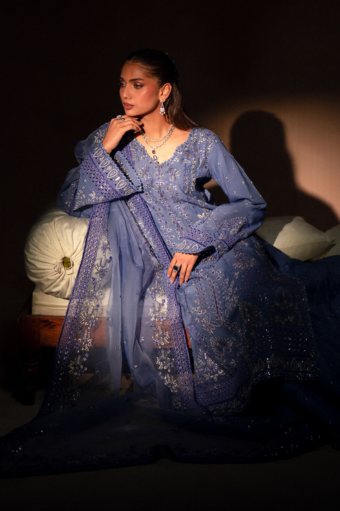Emaan Adeel | Selene Formals | LUNELLE Custom Size Blue Gray Korean Raw Silk