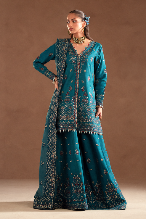 Emaan Adeel | Selene Formals | MIRELLE XS Teal Blue Korean Raw Silk