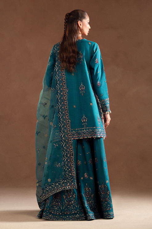 Emaan Adeel | Selene Formals | MIRELLE XS Teal Blue Korean Raw Silk