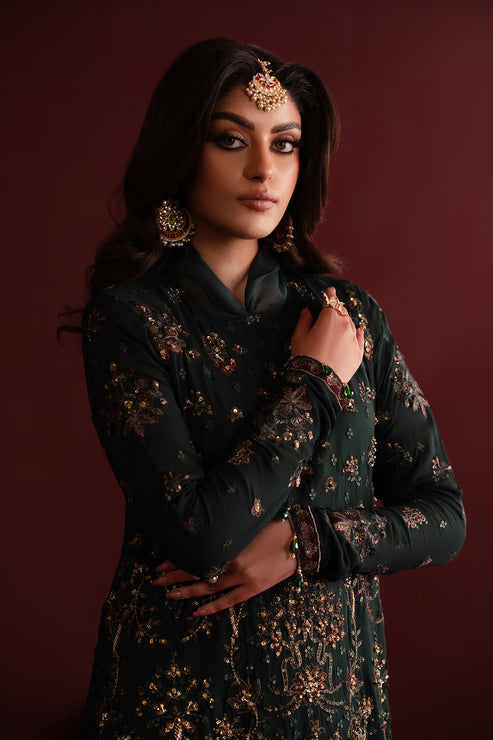 Emaan Adeel | Nooresha Formals 25 | Kavya L Deep Green Chiffon
