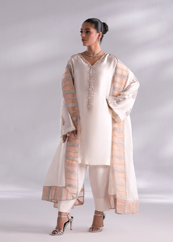 Mehak Yaqoob | Enchante The Luxe Edit | Opal Custom Size Off White Pure Sheesha Silk