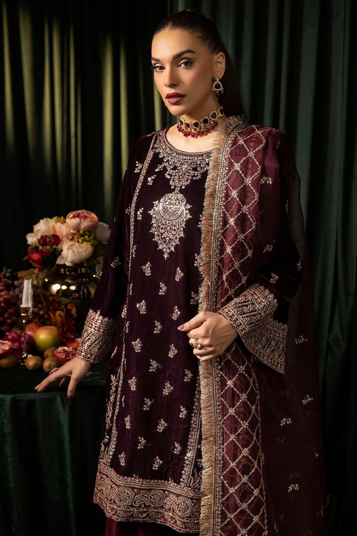 Motifz | Velvet Formals | 5095-MAZNEEN L Wine Berry Velvet