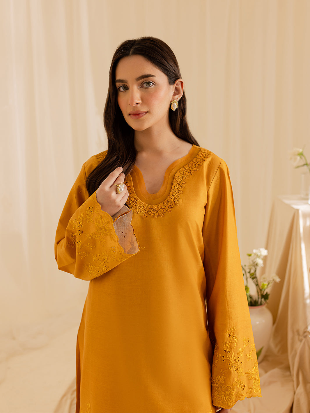 Mahnur | Petal Whispers Lawn Pret | Magnolia M Mustard Yellow Lawn