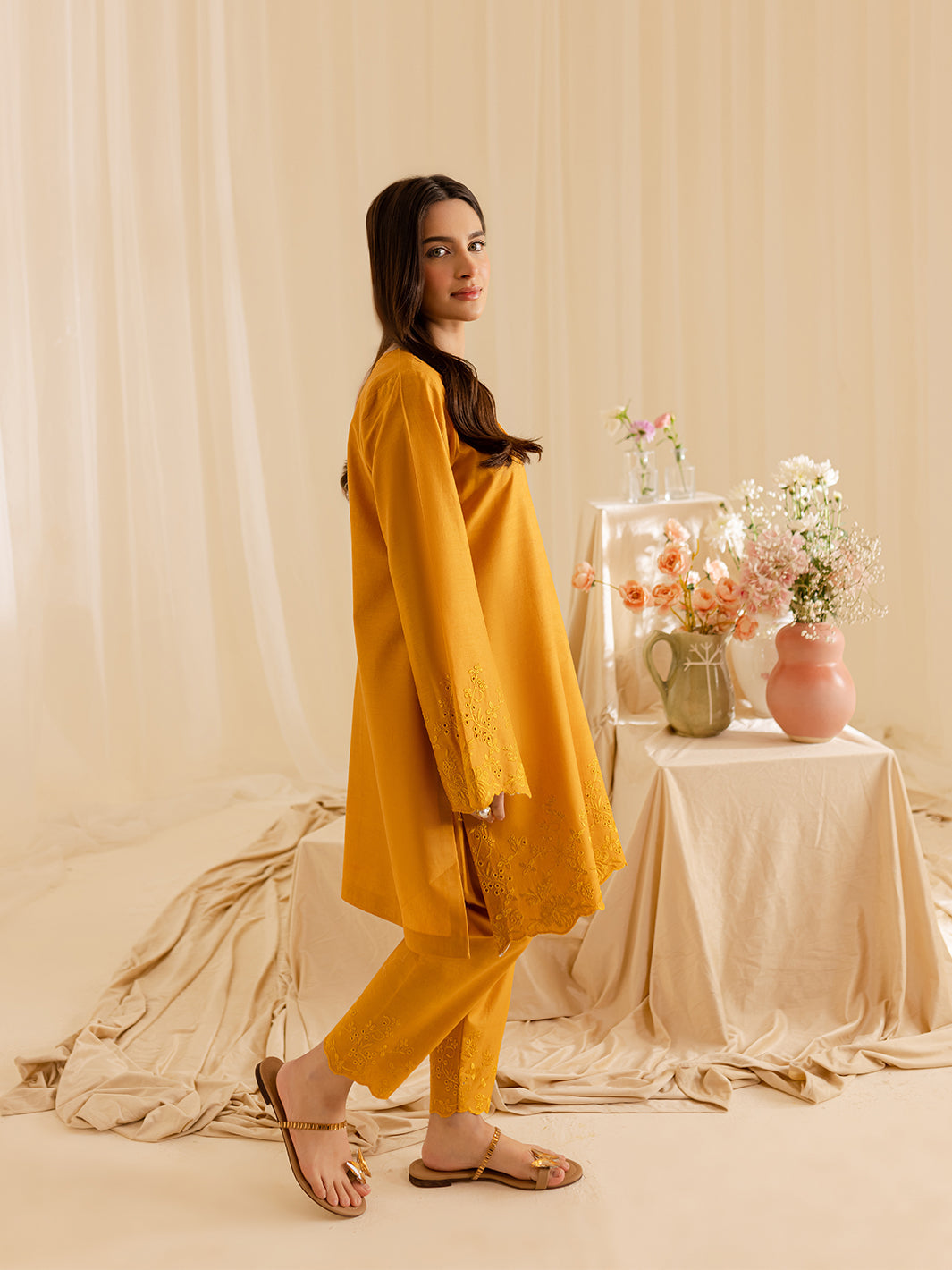 Mahnur | Petal Whispers Lawn Pret | Magnolia L Mustard Yellow Lawn