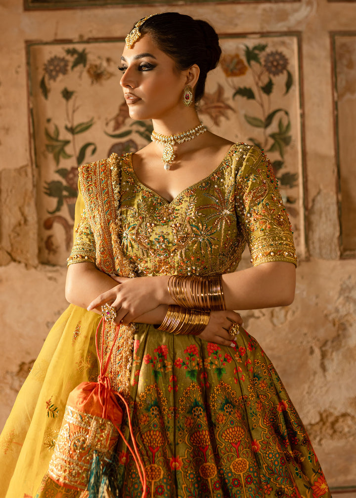Maria Osama Khan | Khawabeedah Wedding Formals | ishmal M Mehndi Green Grip Silk