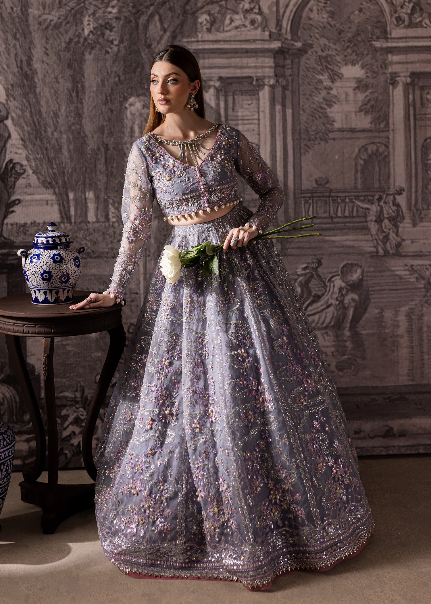 Maria Osama Khan | Mystara Wedding Festive | Lyra Custom Size Lilac Gray Organza