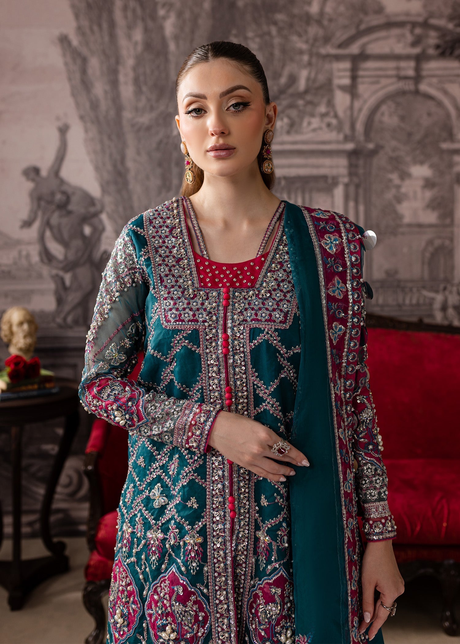 Maria Osama Khan | Mystara Wedding Festive | Riva M Teal Blue Organza