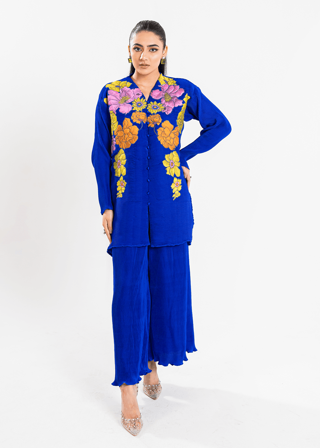 Maria Osama Khan | Claire Pleated Silk | Azure - Pakistani Designer Dress - by Maria Osama Khan | Type: Formal - 100% Original at Saira Sultan