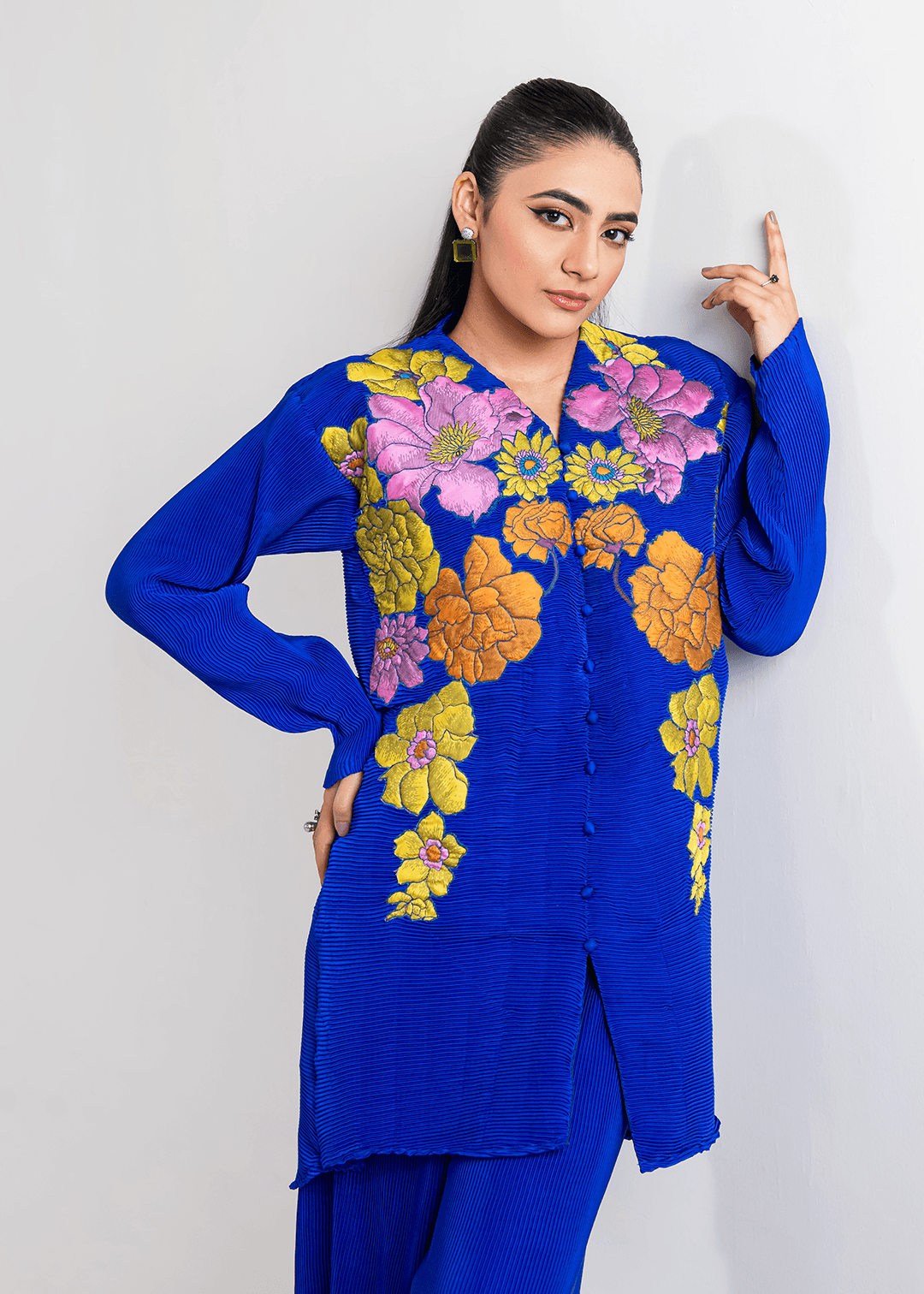 Maria Osama Khan | Claire Pleated Silk | Azure - Pakistani Designer Dress - by Maria Osama Khan | Type: Formal - 100% Original at Saira Sultan