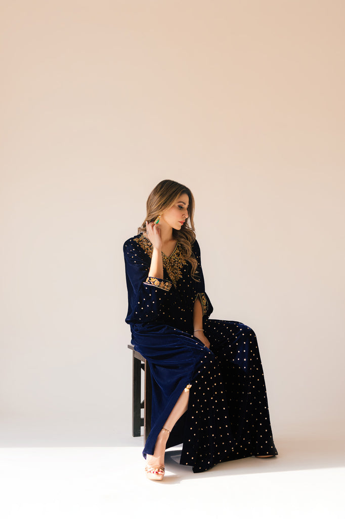 Sammy K | Velvet Festive Edit | Navy Blue Caftan M Midnight Blue Velvet