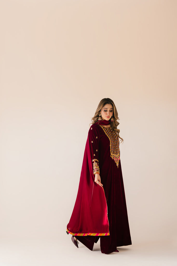 Sammy K | Velvet Festive Edit | Maroon Maxi velvet Outfit L Maroon Velvet