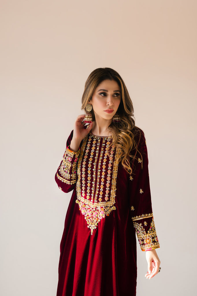 Sammy K | Velvet Festive Edit | Maroon Maxi velvet Outfit M Maroon Velvet