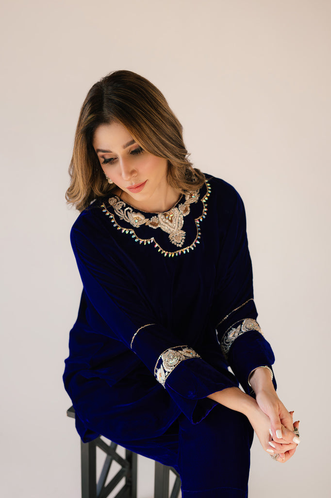 Sammy K | Velvet Festive Edit | Royal blue velvet Poncho Outfit M Dark Blue Velvet
