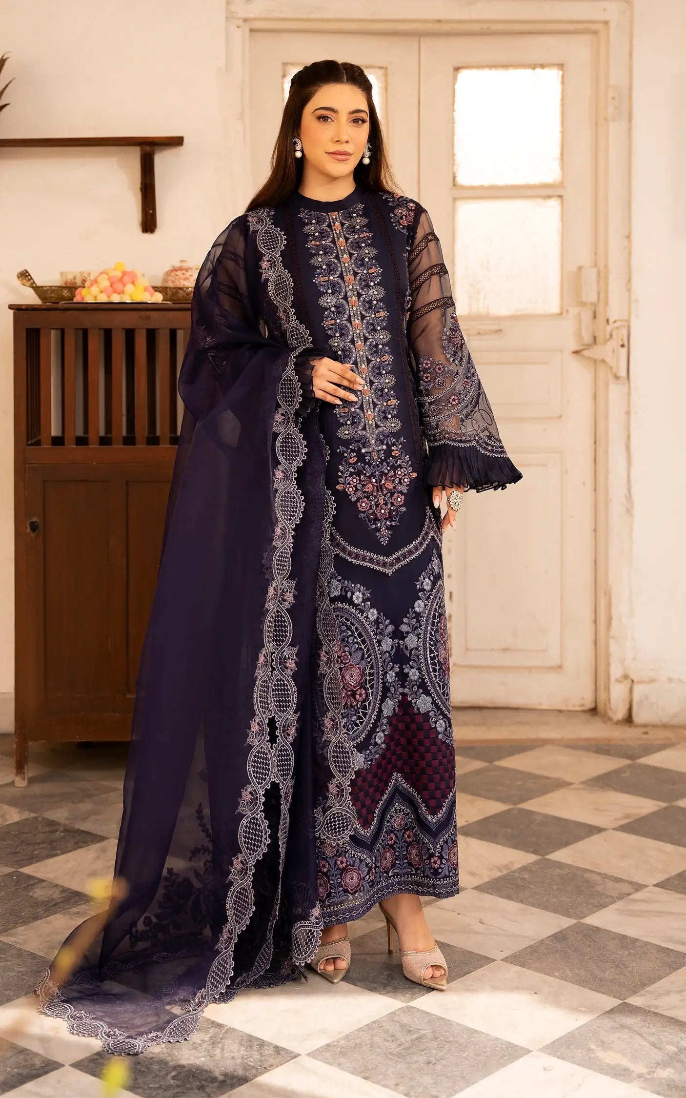 Asifa and Nabeel | Sunehri Eid 25 | Neelum-(SEF25-05) XL Navy Blue Organza