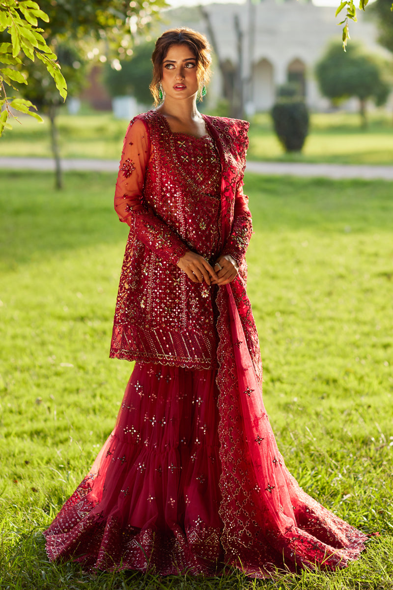 Qalamkar | Shadmani Luxury Formals | Nurah SH-07 XS Haute Red Net