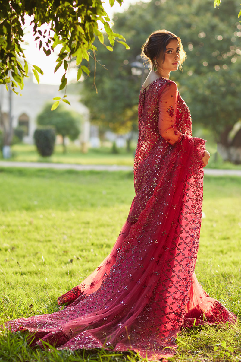 Qalamkar | Shadmani Luxury Formals | Nurah SH-07 XS Haute Red Net