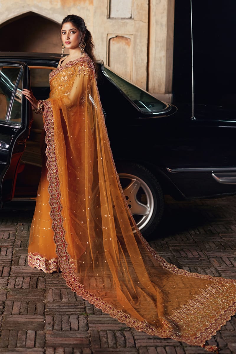 Qalamkar | Shadmani Luxury Formals | Raniya SH-02 XS Orange Khaadi Net Canvas