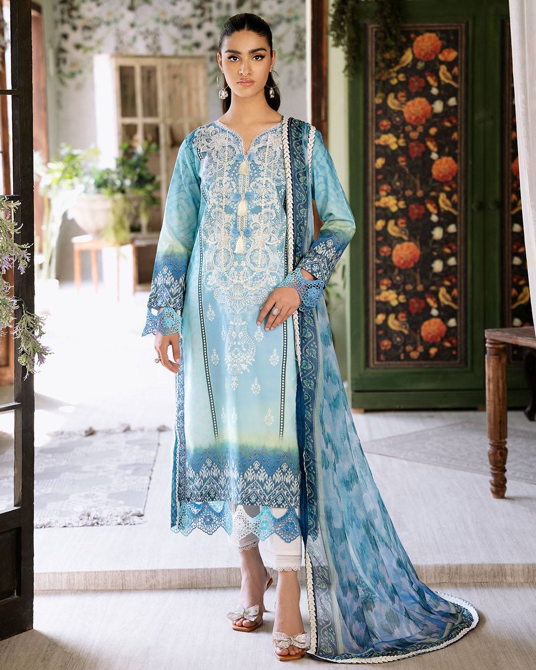 Roheenaz | Flora Printed Lawn | Azure - Pakistani Designer Dress - by Roheenaz | Type: Luxury - 100% Original at Saira Sultan