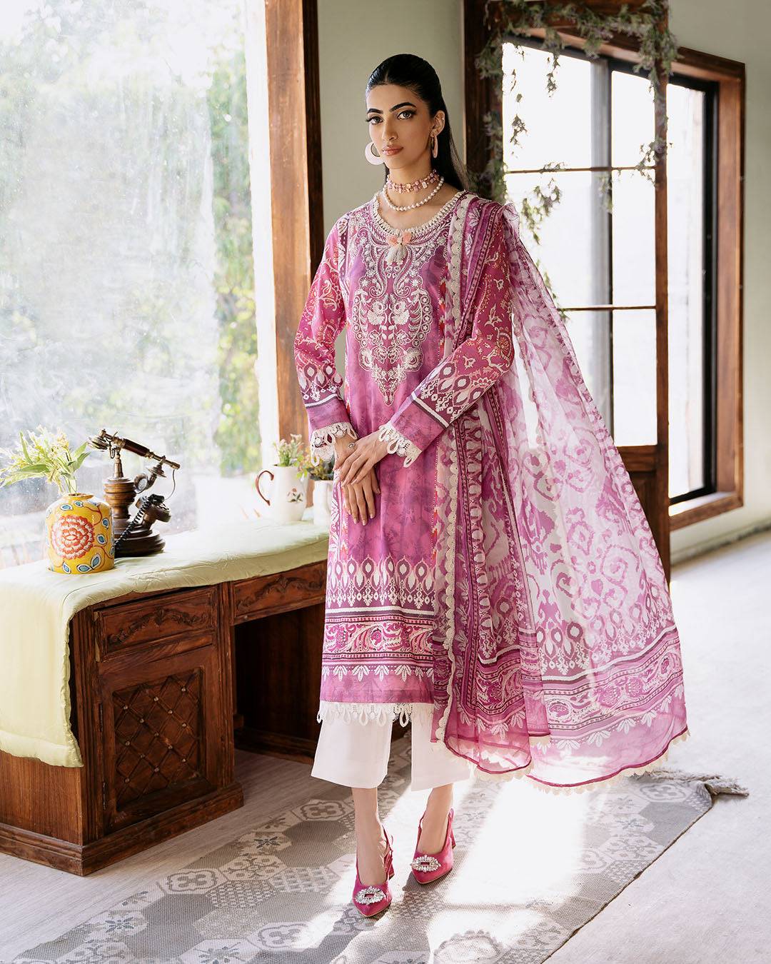 Roheenaz | Flora Printed Lawn | Amaranth - Pakistani Designer Dress - by Roheenaz | Type: Luxury - 100% Original at Saira Sultan